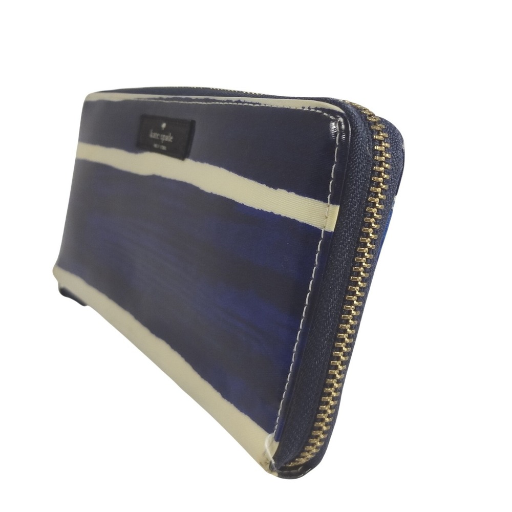 Kate Spade Blue Cream Striped Patent Leather Zip Around Continental Wallet - Picture 4 of 5